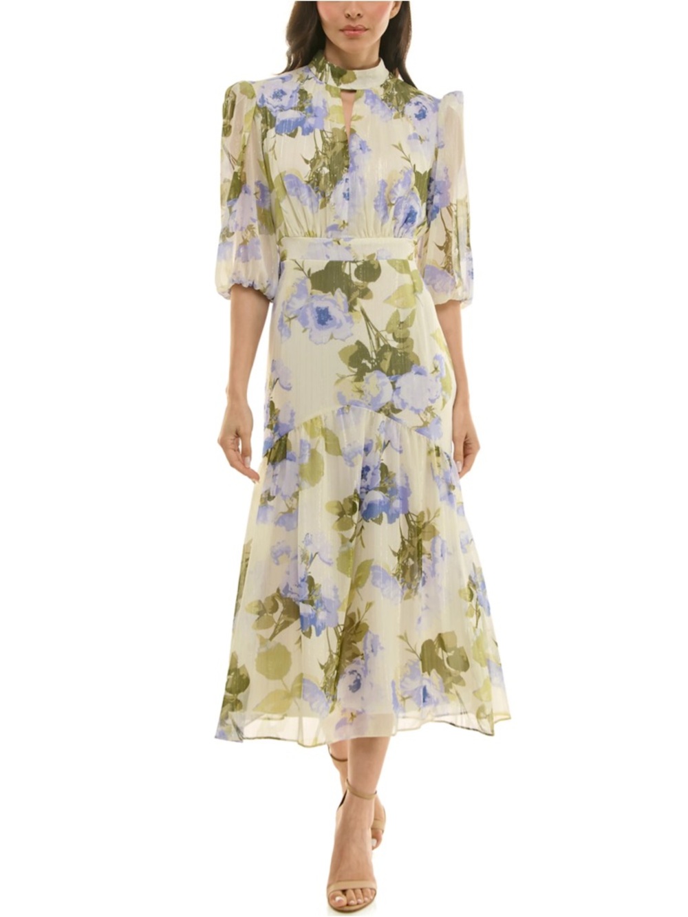 Maison Tara Keyhole Midi Dress with Blue Floral Print